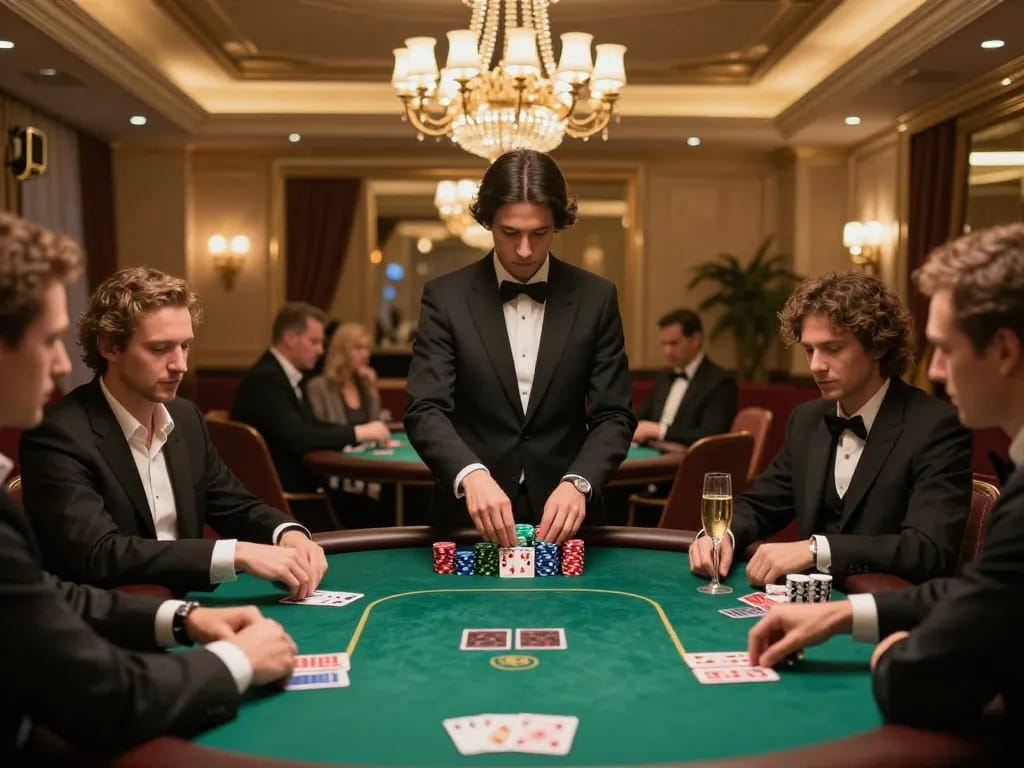 Players strategizing their bets at a high-stakes poker table at DH88 casino.