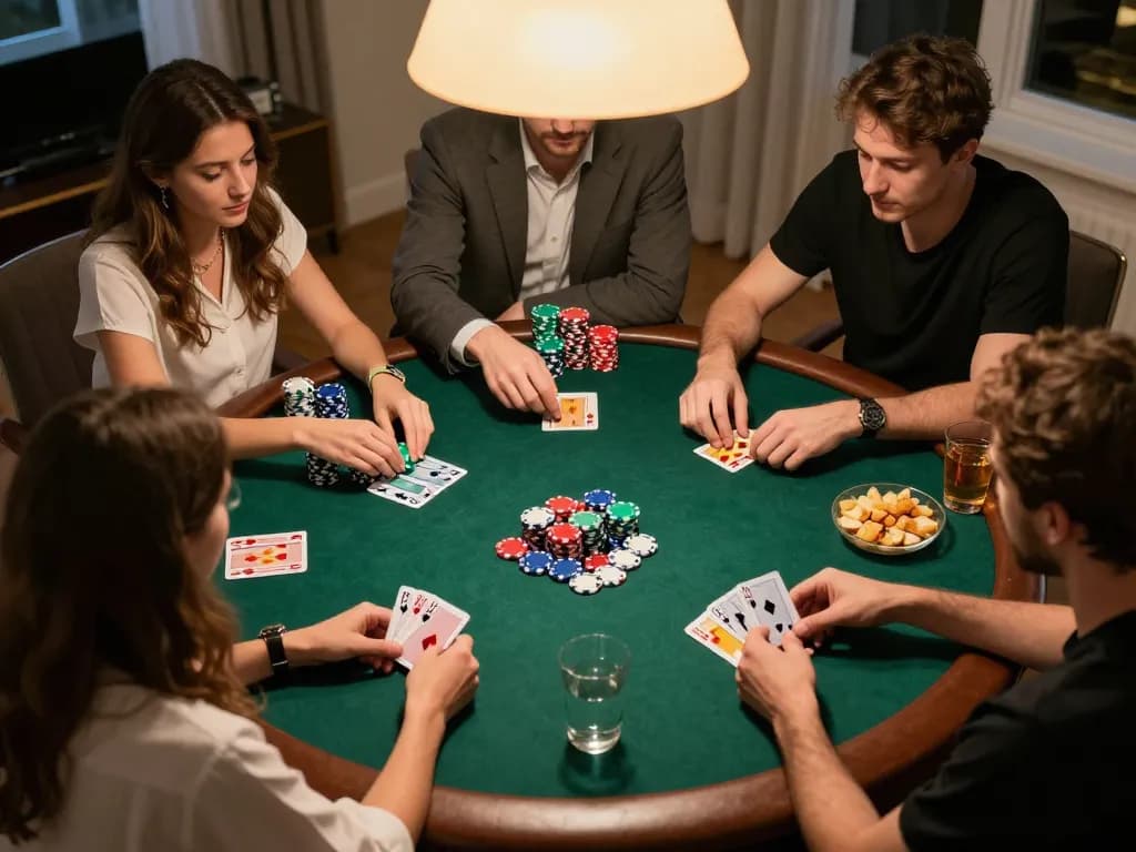 Players enjoying a friendly poker game at home, showcasing the 888vnd gaming atmosphere.