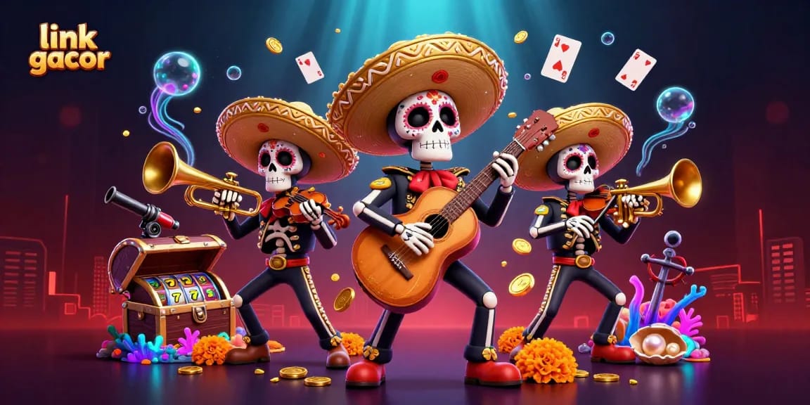 Win big with link gacor in vibrant 3D casino-themed illustration featuring joyful mariachi characters.
