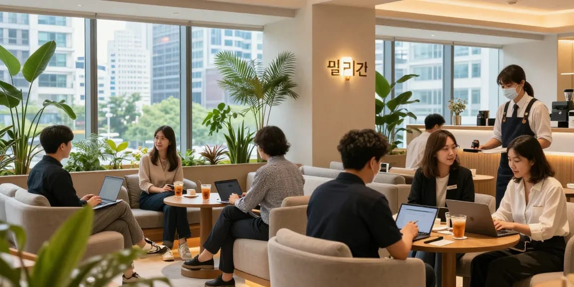 강남 멀리건의 아늑하고 세련된 라운지 공간에서 손님들이 즐거운 대화를 나누고 있는 모습