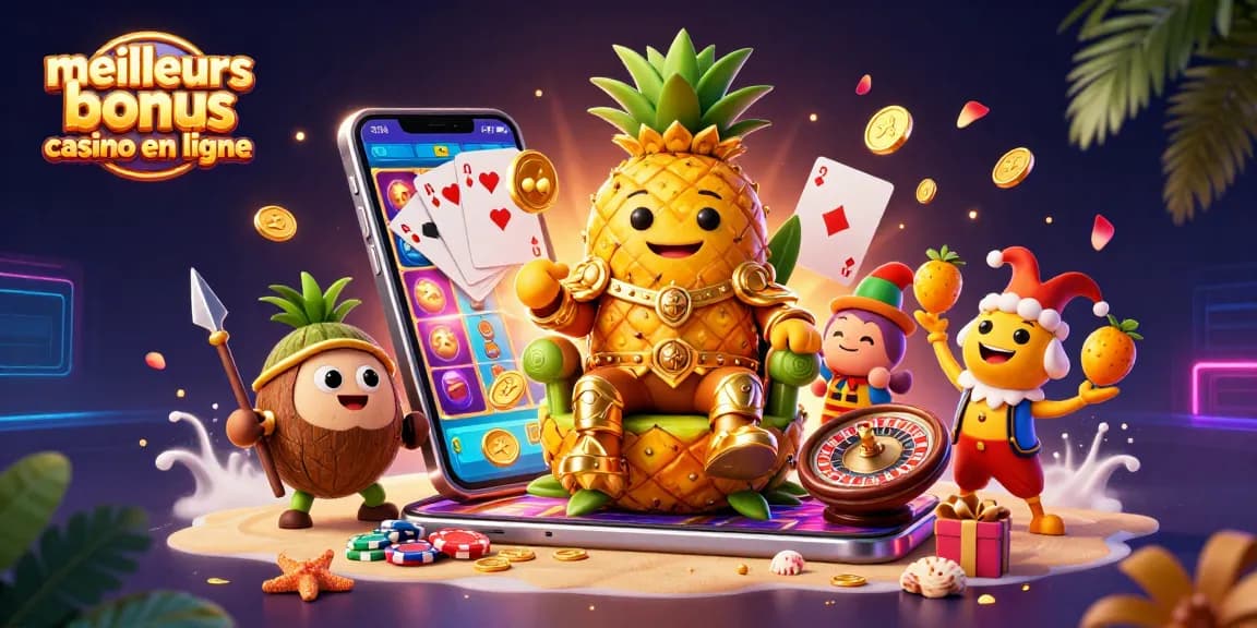 Découvrez les meilleurs bonus de casino en ligne avec le roi ananas et des éléments de jeu vibrants.