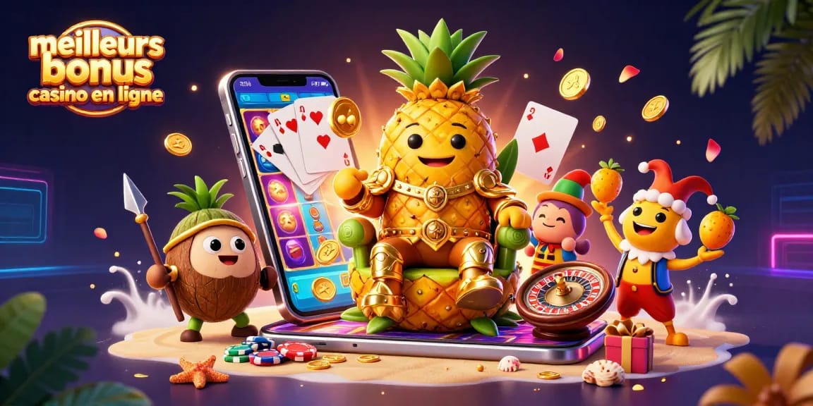 Découvrez les meilleurs bonus de casino en ligne avec le roi ananas et des éléments de jeu vibrants.