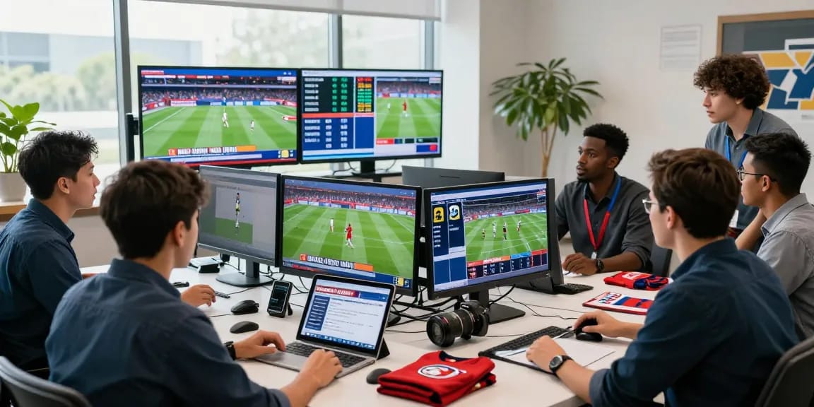 Exciting Media Upin sports news team analyzing live football updates in a modern newsroom.
