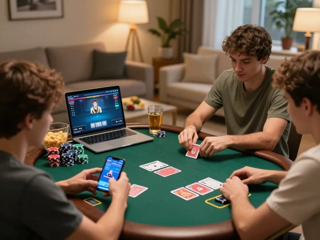 kim99 players enjoying competitive poker gameplay at home, engaging in responsible gaming.