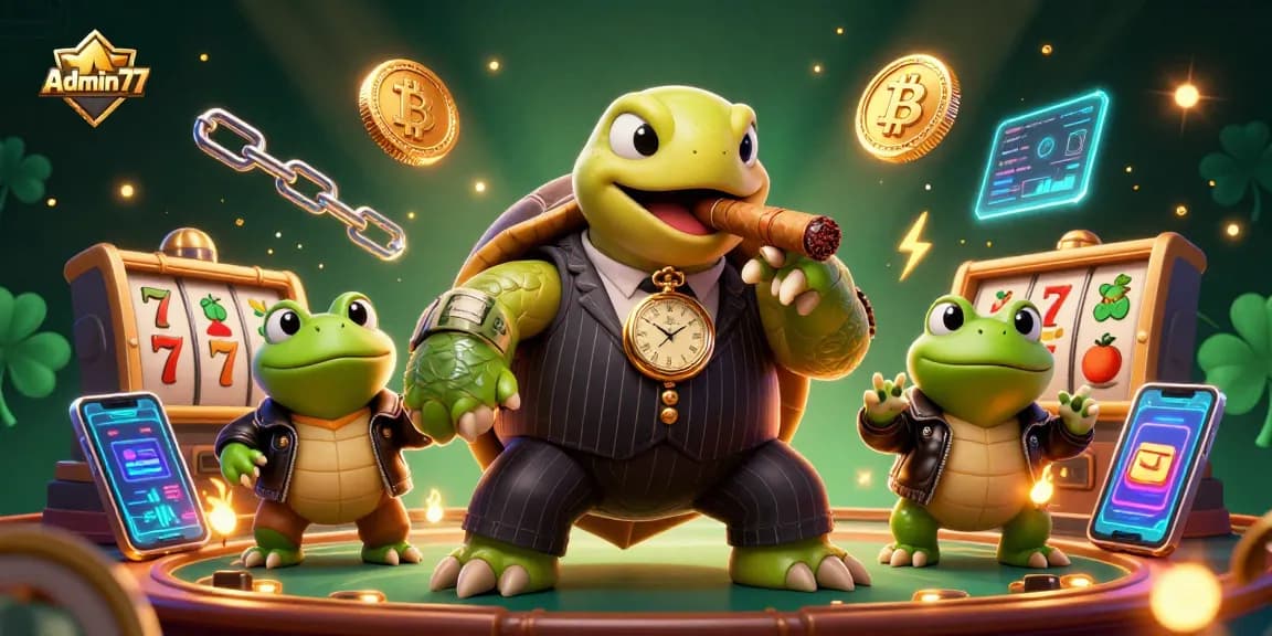 Spin the reels with Admin77, featuring a cartoon turtle in a vintage suit and casino elements.