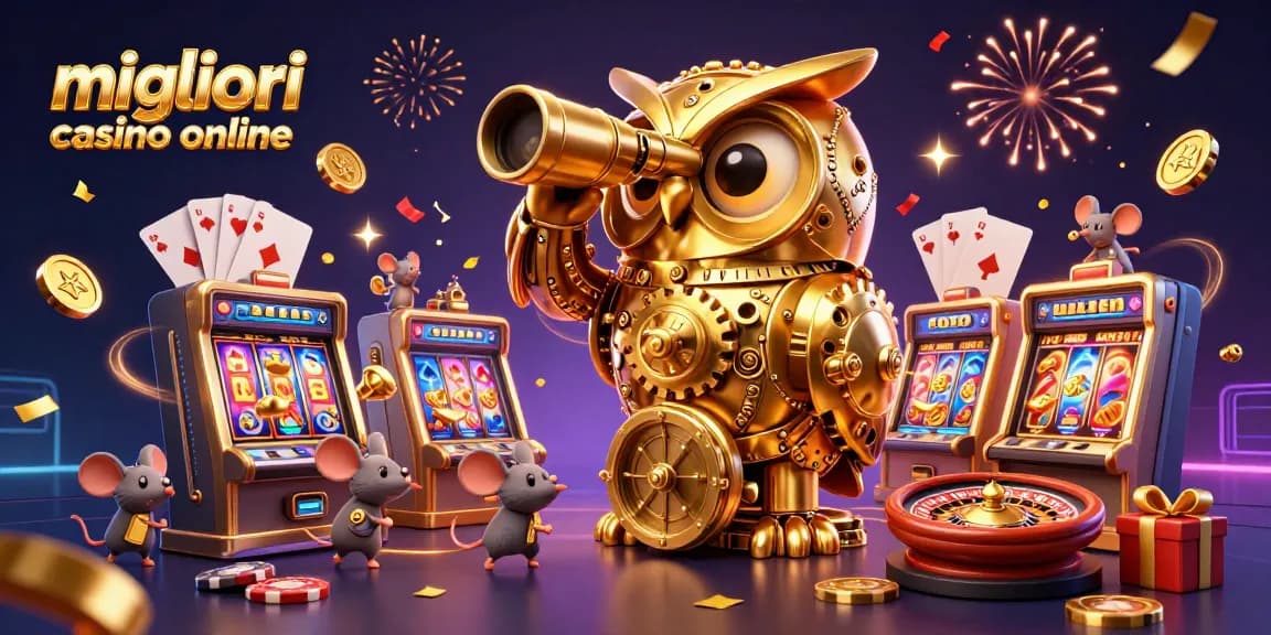 Gioca nei migliori casino online con un gufo dorato che guarda il pavimento della sala giochi, circondato da rulli delle slot e chips.