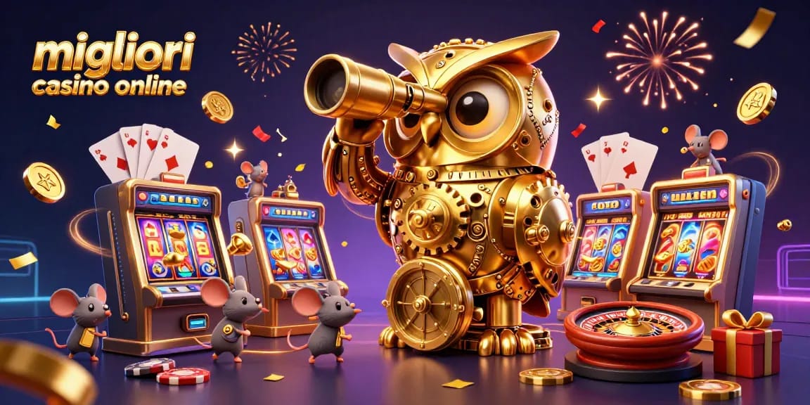 Gioca nei migliori casino online con un gufo dorato che guarda il pavimento della sala giochi, circondato da rulli delle slot e chips.