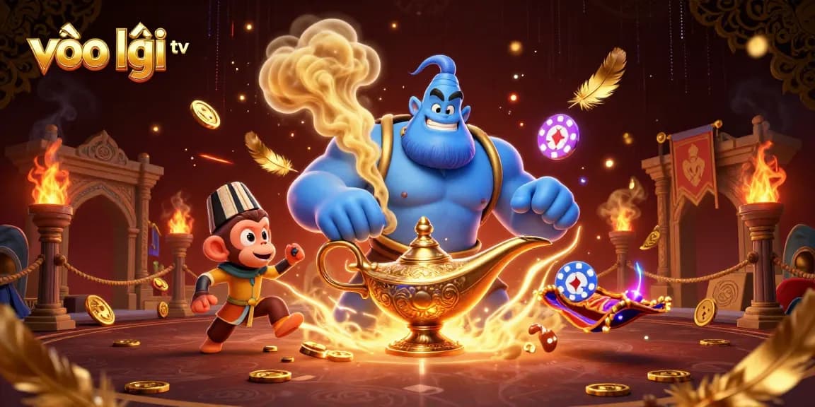 Experience high-stakes excitement with vào lưới tv's vibrant casino atmosphere featuring a blue genie and poker chips.