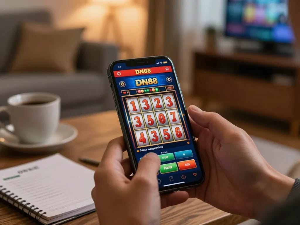 Experience DN88 gaming on a smartphone while winning on slot machines in a cozy setting.