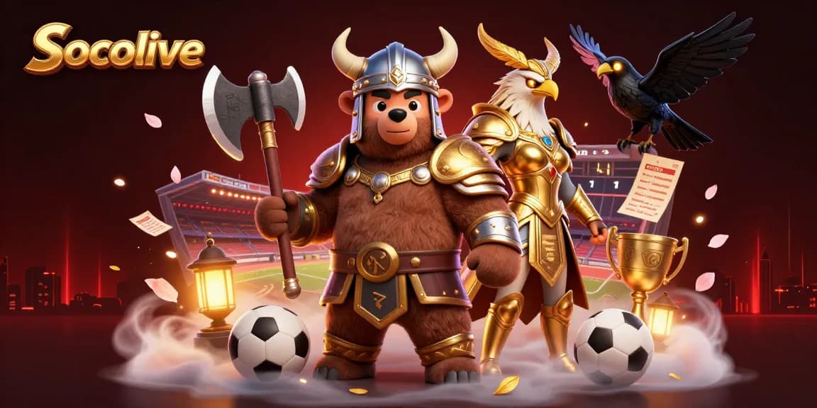 Socolive enhances sports watching with captivating Viking and Valkyrie characters amidst vibrant betting game elements.