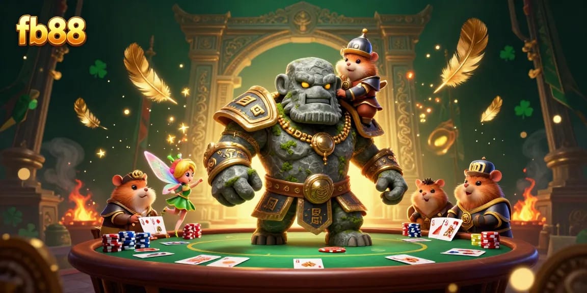 Join the exciting action at fb88 casino, featuring poker tables and magical characters in a vibrant scene.