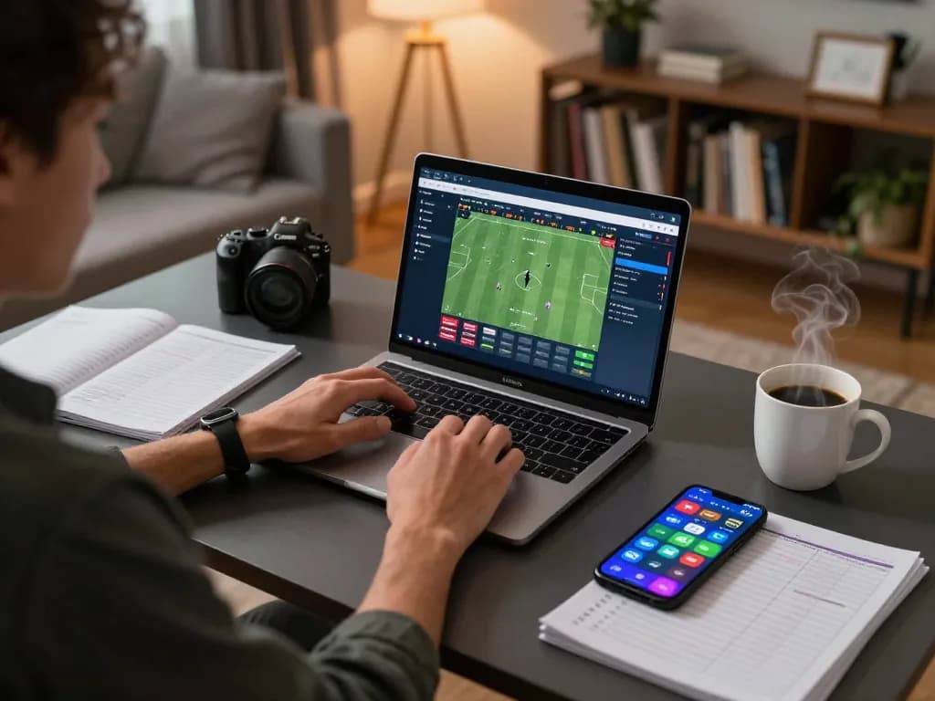 Person analyzing sports betting odds on nhandinhkeonhacai platform while enjoying an organized home setup