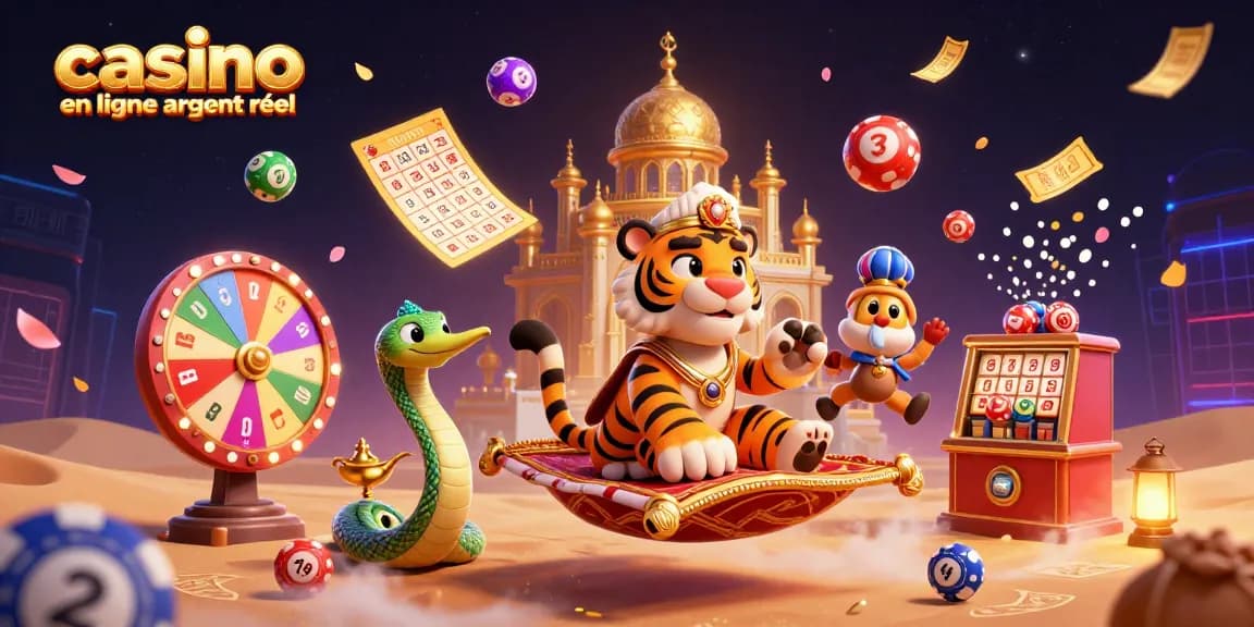 Gagnez avec le casino en ligne argent réel dans une illustration 3D riche et colorée.