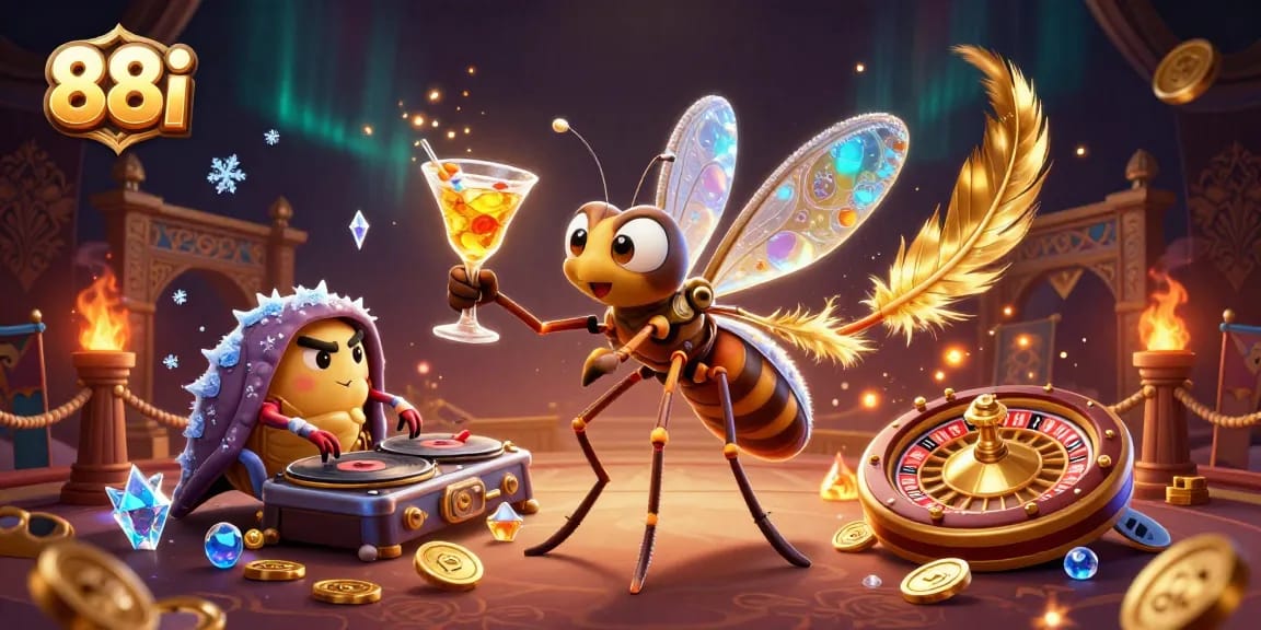 Engaging illustration showcasing 88i's vibrant casino elements with a mascot and dealer in action.