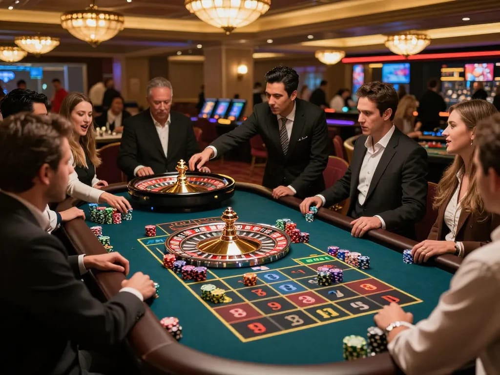 Thabet players engaging in a lively roulette game with colorful chips in a luxurious casino atmosphere.
