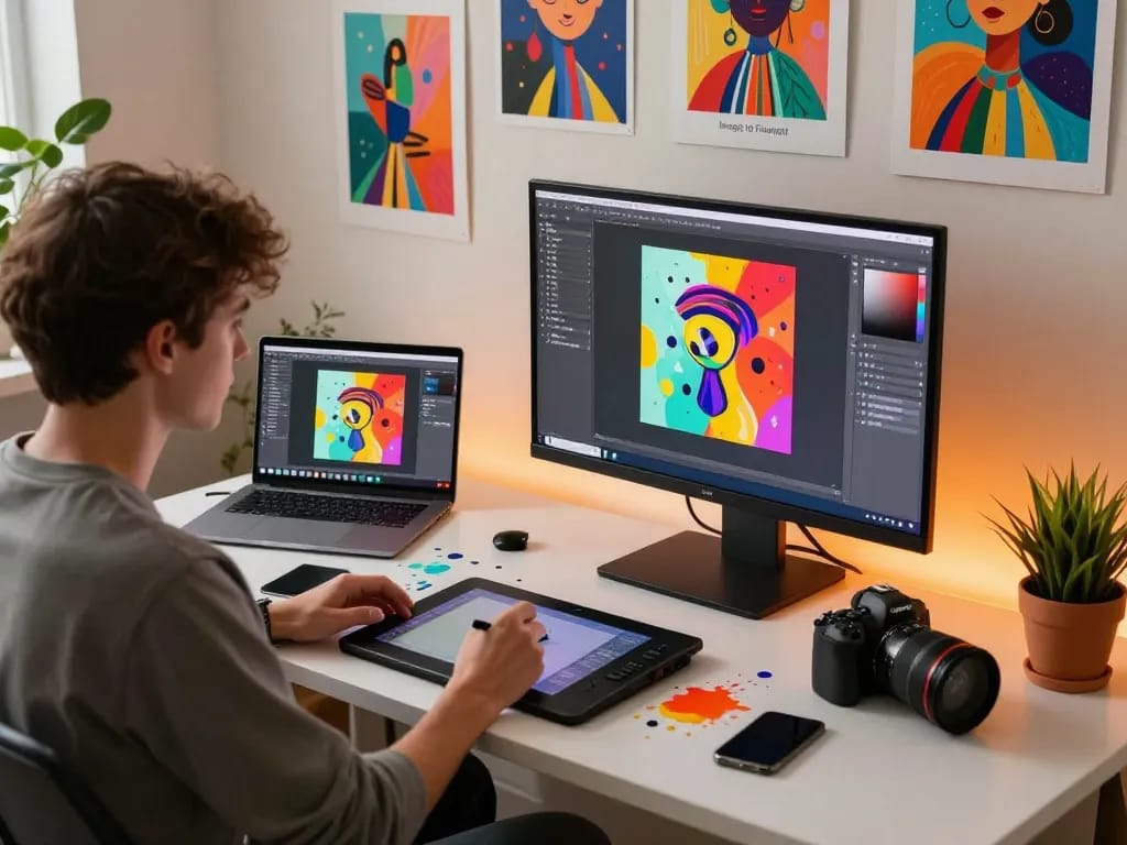 Artist using an image to prompt tool in a vibrant creative studio.