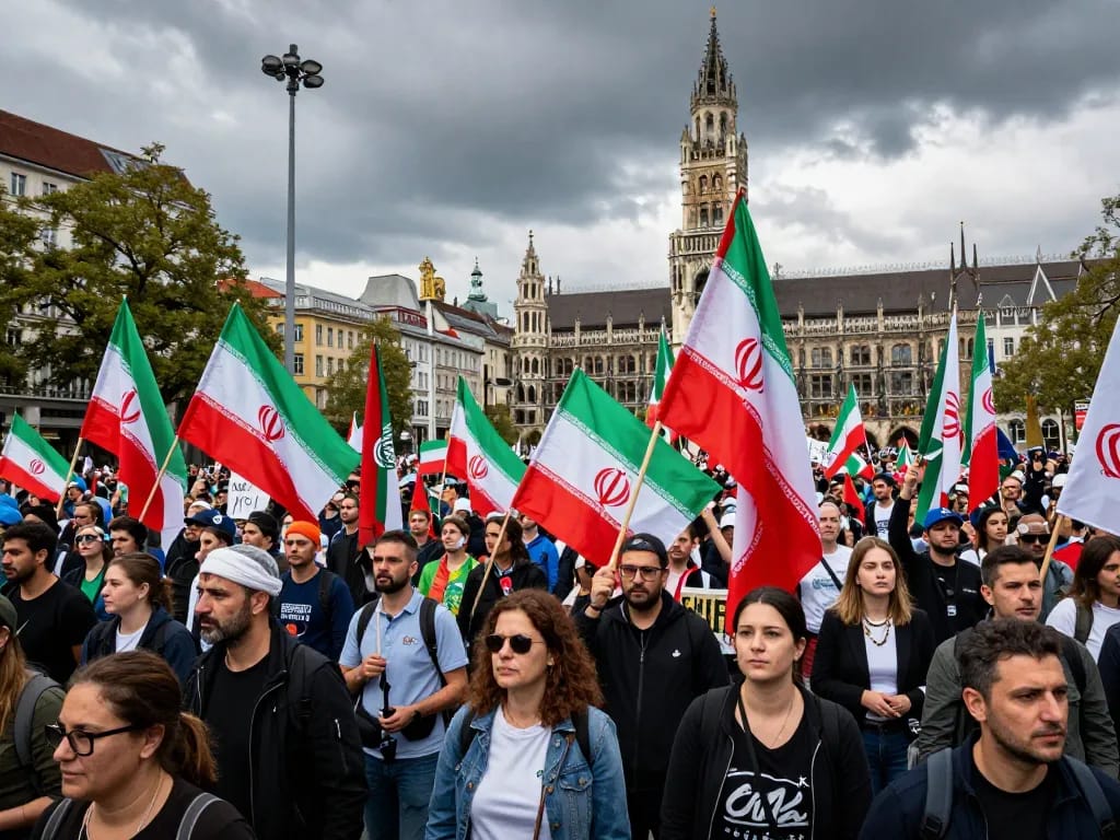 Massive Munich rally focused on Iran, vibrant protest scene with demonstrators and banners urging change.