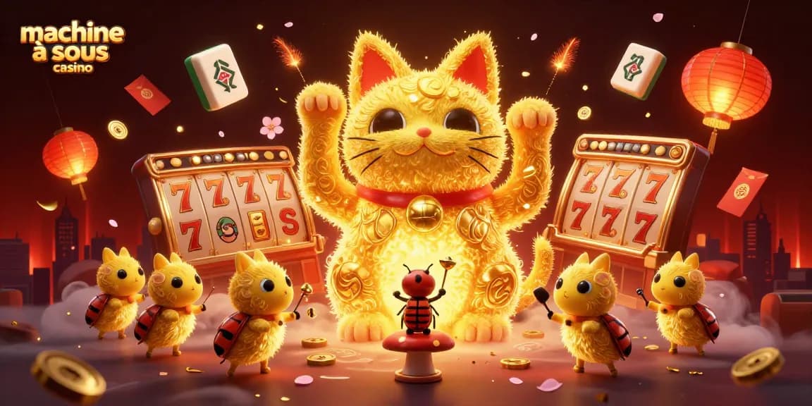 Profitez des machines à sous casino avec une illustration colorée de chance et de victoire en 3D.