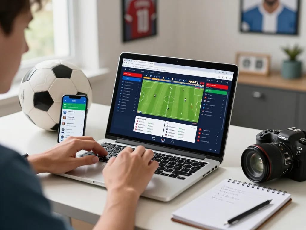 Engaging scene for kèo nhà cái analysis with live betting odds display and sports equipment.