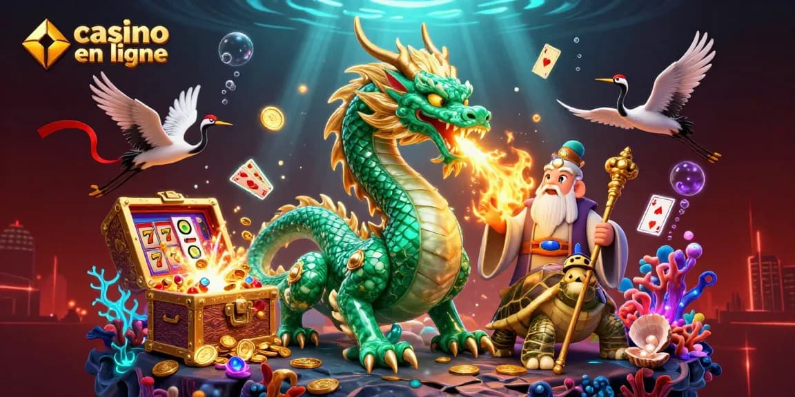 Illustration attrayante de casino en ligne présentant un dragon et une tortue au milieu d'éléments de jeu vibrants.