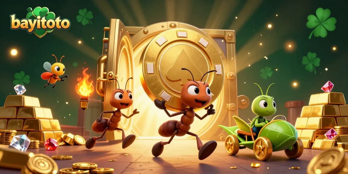 Experience high-stakes excitement with bayitoto's vibrant casino heist illustration featuring playful ants and treasure.