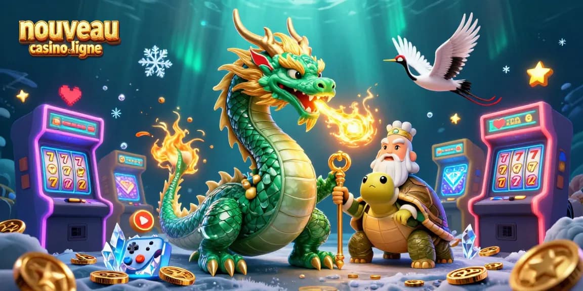 Découvrez le monde vibrant du nouveau casino en ligne, mettant en scène un dragon, un sage tortue et des grues porte-bonheur parmi des éléments de casino dynamiques.