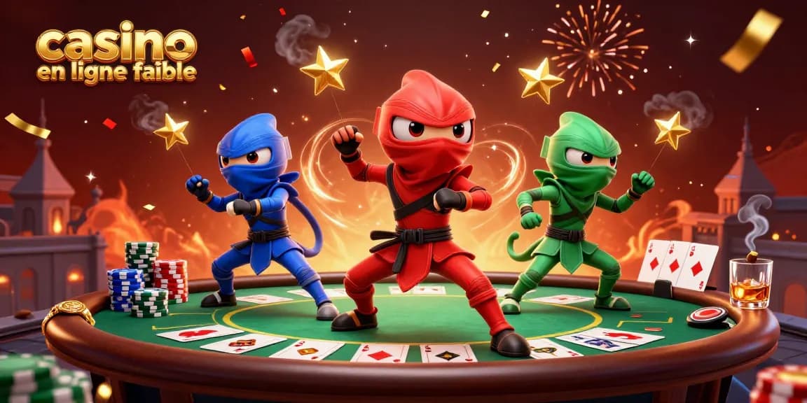 Jouez au casino en ligne fiable avec des chameleons ninjas en action, entourés de jeux de cartes