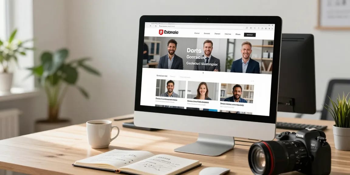 Companies showcasing their services on an online platform, user browsing listings in a bright office.