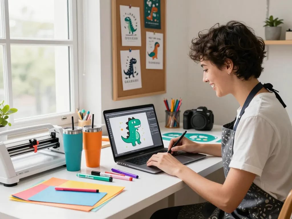 Engaging crafting scene highlighting a person designing Svg files with colorful tumblers and craft supplies.