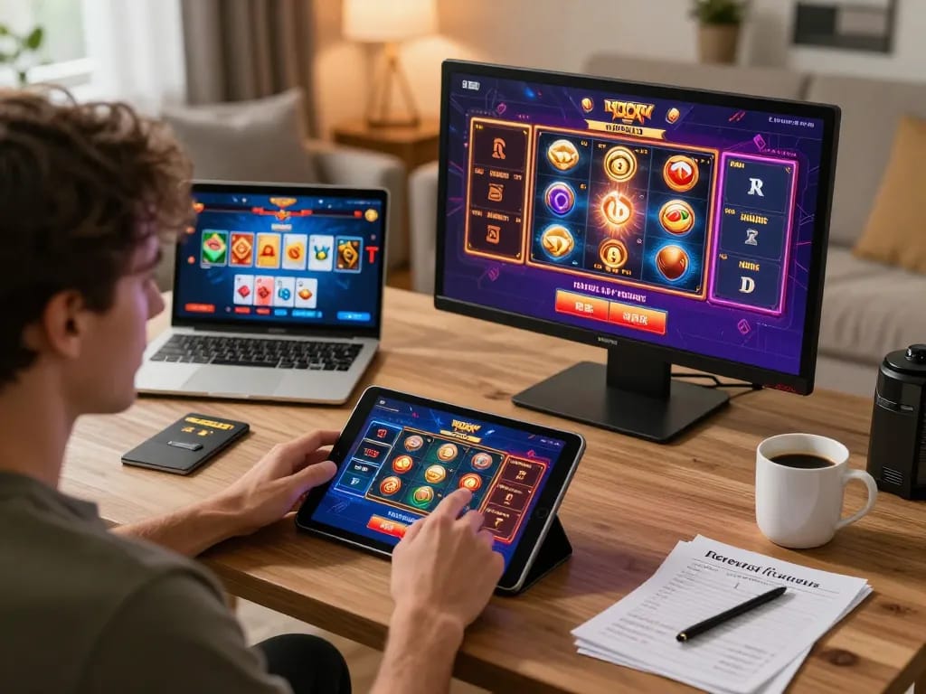 Player enjoying RR88 casino app on tablet, surrounded by cozy home atmosphere.