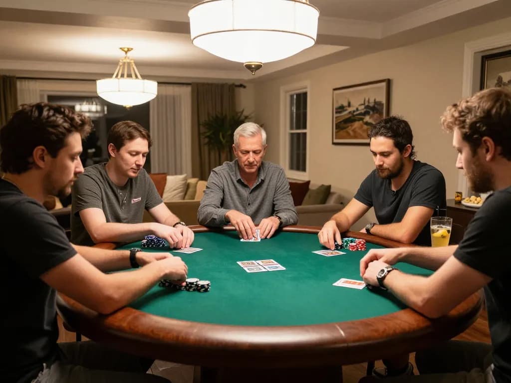 Players enjoying poker night at home with lv 88 cards and chips on the table, capturing a strategic gaming moment.