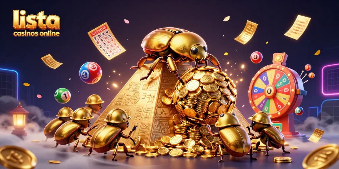 Gana en la lista de casinos online con esta imagen llamativa de símbolos de juego y bonificaciones.