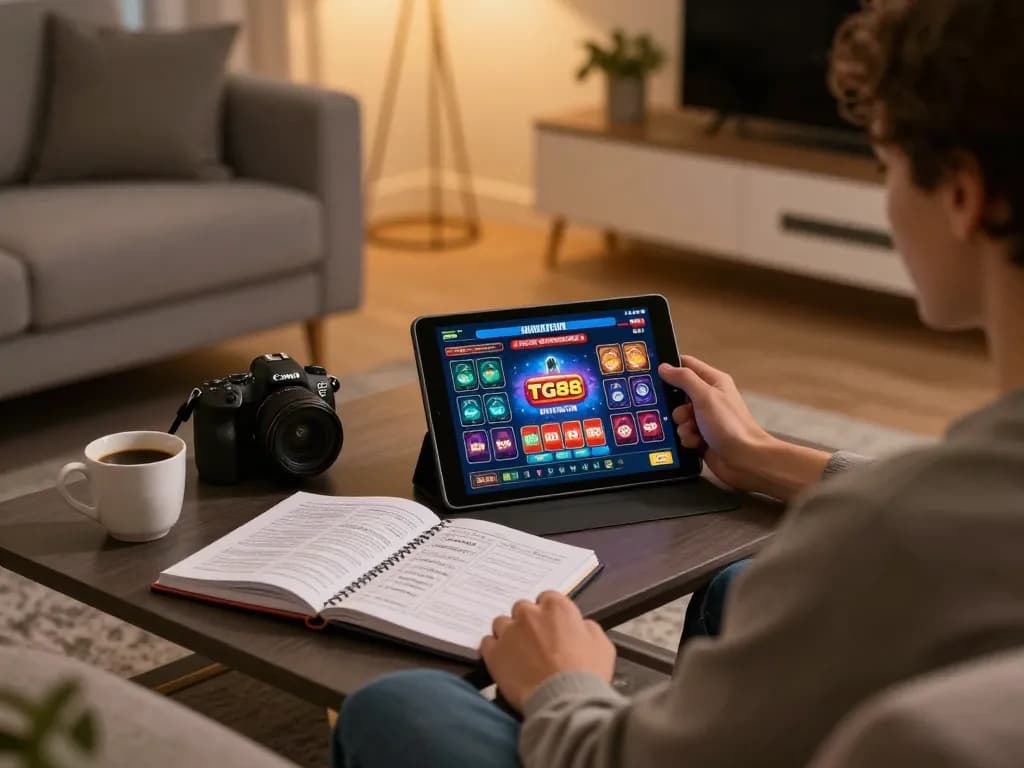 Player using TG88 online casino on tablet in a cozy living room setting.