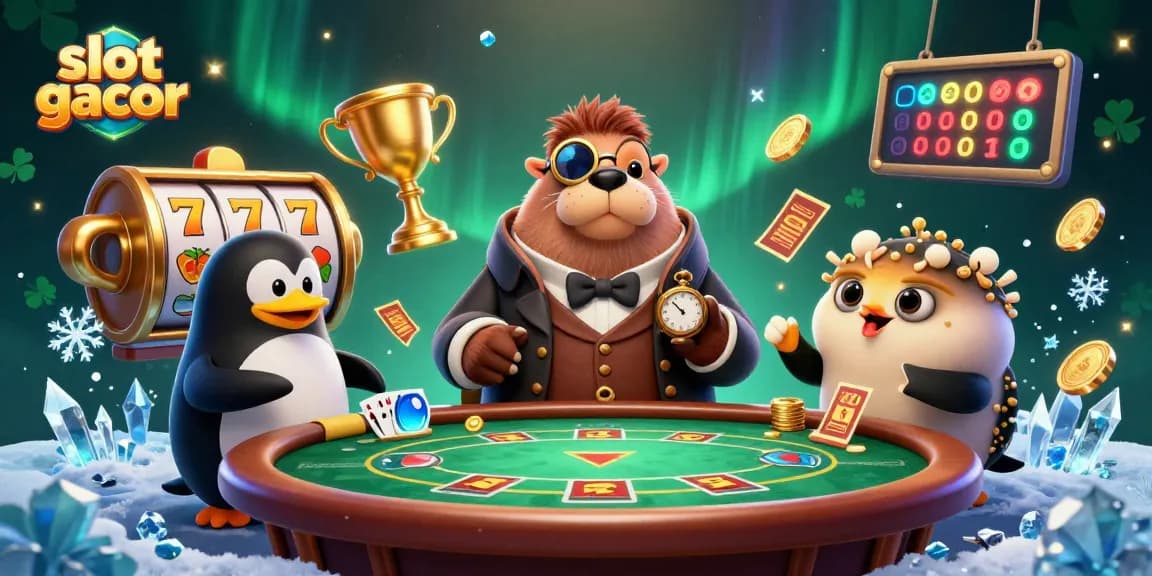 Menang besar di slot gacor dengan ilustrasi kasino yang meriah dan karakter unik.