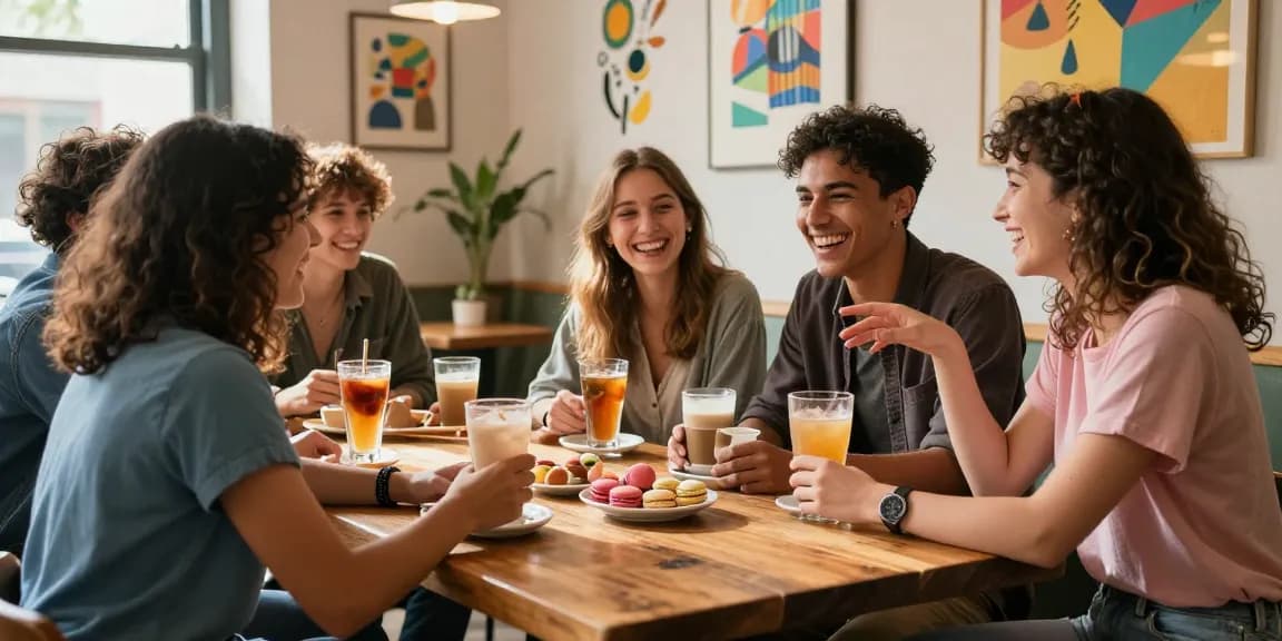 Friends sharing laughter over drinks, discussing a crush on someone special in a cozy cafe atmosphere.