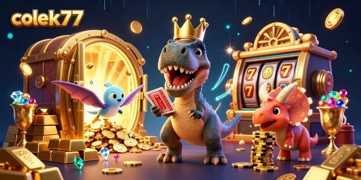 Spin and win big at colek77 with T-Rex shuffling cards and triceratops stacking casino chips.