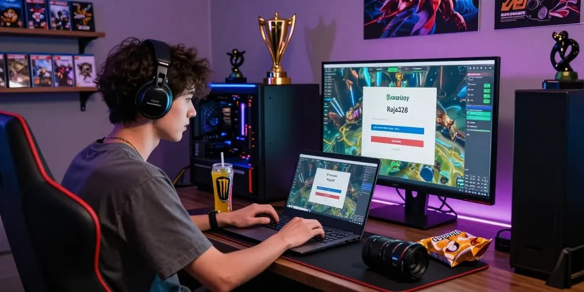 Engaged gamer using raja328 login on laptop amidst vibrant gaming setup