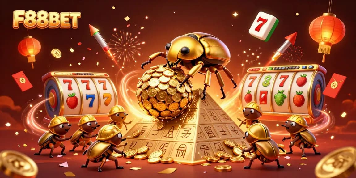 Experience thrilling slot adventures with F88BET's golden coin pyramid and cheerful beetles.