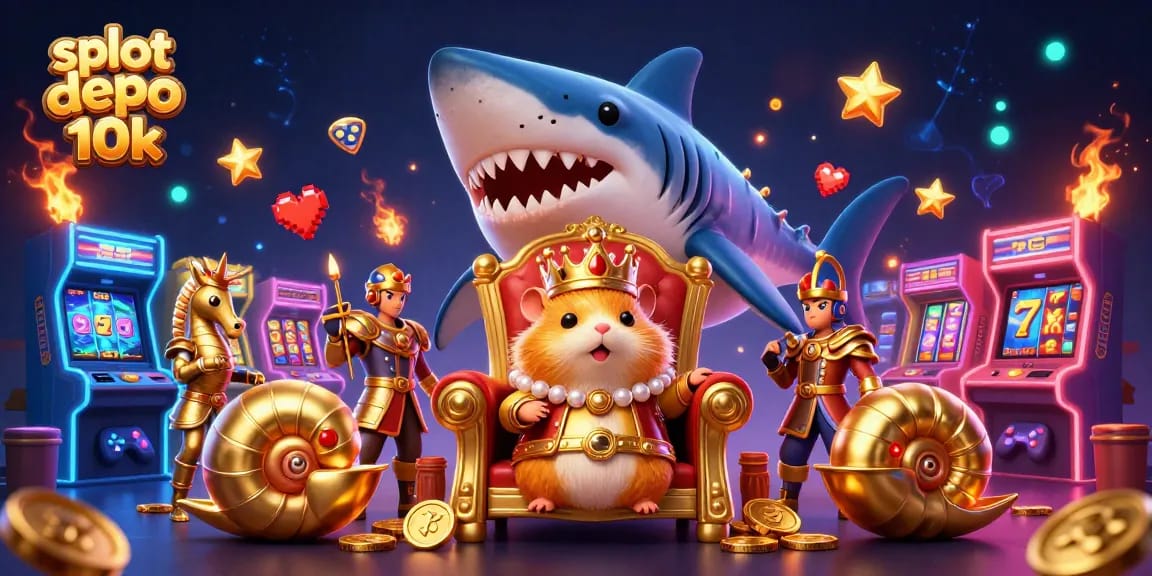 Spin and win with slot depo 10k in a vivid casino scene featuring a golden hamster king.