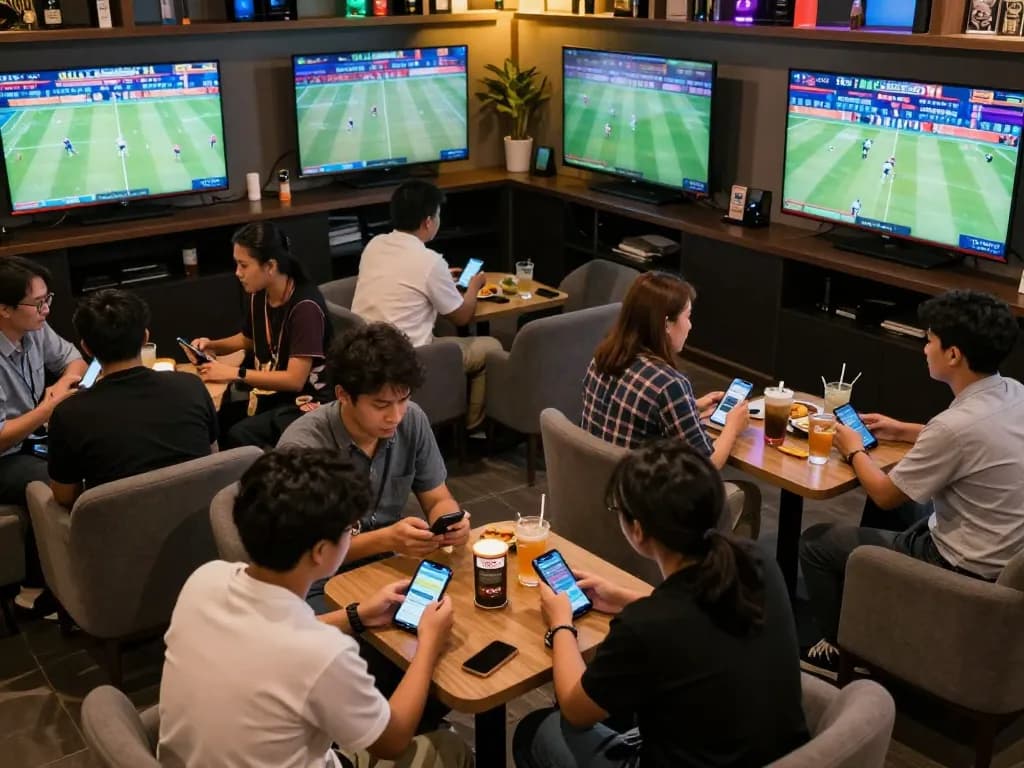 Sports bettors analyzing live games and making keobongda bets at a modern lounge.