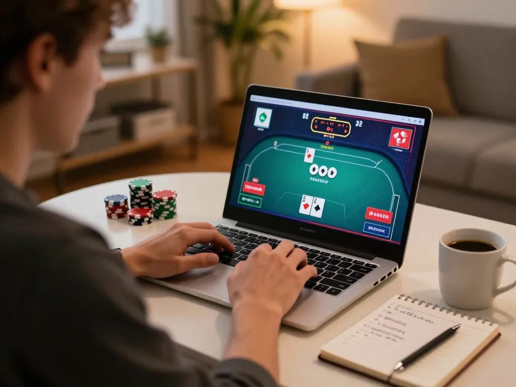 Intense moment of online poker gameplay showing lc888 player focusing on strategy while using a laptop.