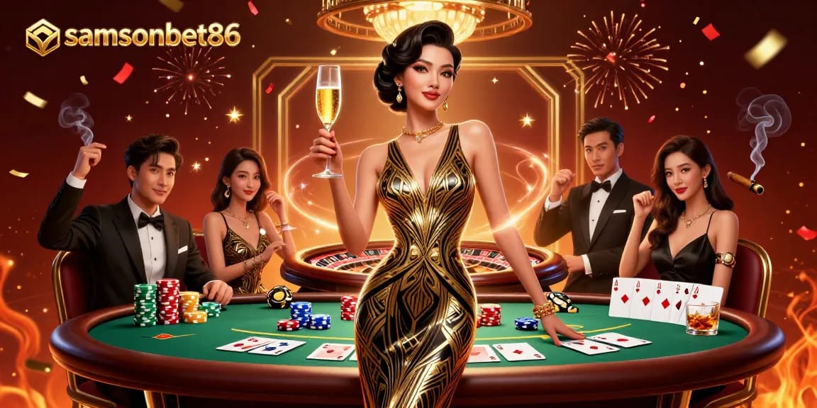 Experience excitement at samsonbet86 with a glamorous Asian woman and vibrant casino elements.