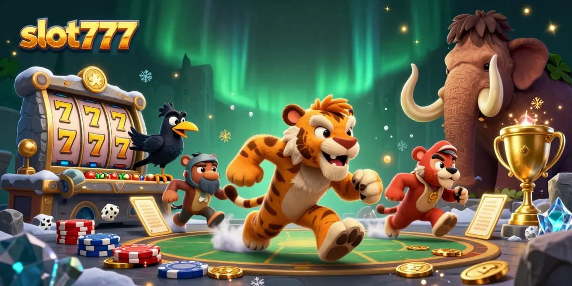 Spin the reels at slot777 with cartoon characters in a vibrant prehistoric casino setting.
