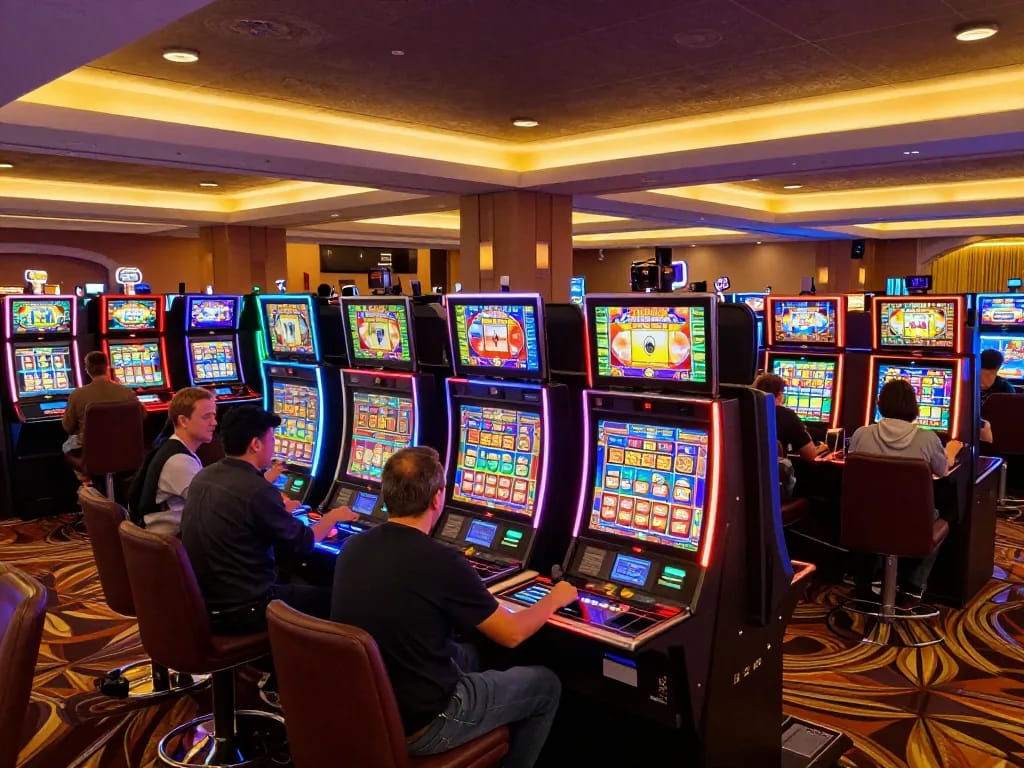 Players enjoying diverse slot games at mdg188 casino, showcasing vibrant and engaging gaming atmosphere.