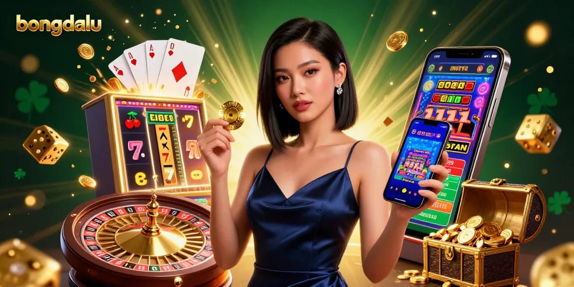 Experience the thrill of betting with bongdalu, showcasing a stunning woman and dynamic casino elements.