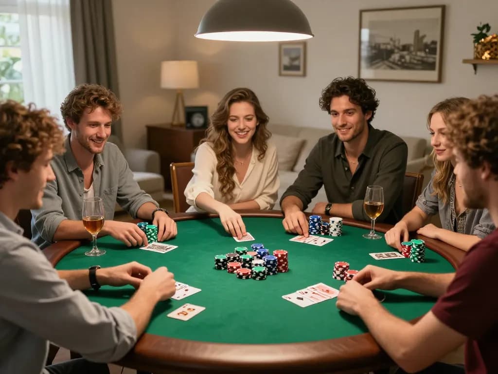 Friends enjoying a friendly poker game at home while playing 8xx.