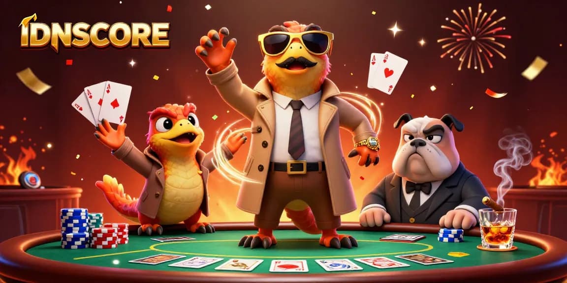 IDNSCORE raptors in a trench coat entering a casino, surrounded by poker chips and cards