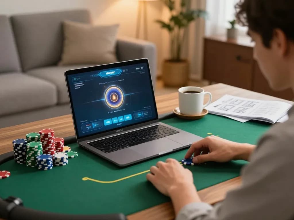 Player enjoying online poker at nhà cái vipwin in a cozy living room atmosphere.