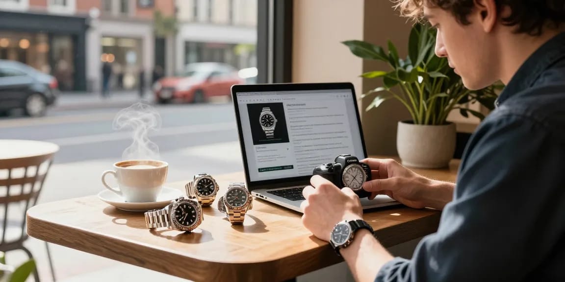 Explore luxury lifestyle with rolex super clone watches displayed on a table in a modern cafe setting.