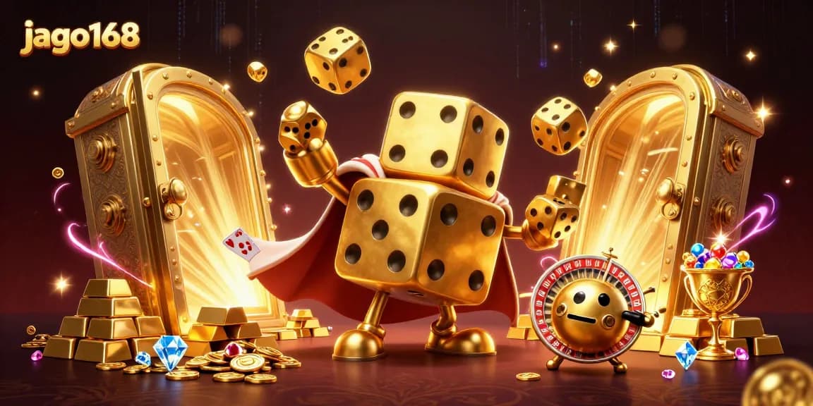 Experience thrilling gameplay with jago168, featuring a dynamic 3D illustration of a golden dice golem and treasure elements.